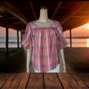 BeachLunchLounge Collection Plaid Peasant Style Top